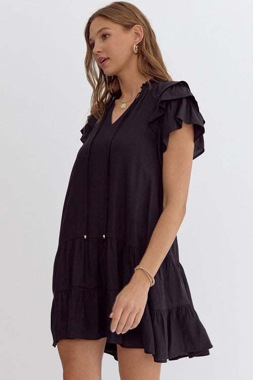 Entro Black Ruffle Detail Sleeve Tiered Mini Dress