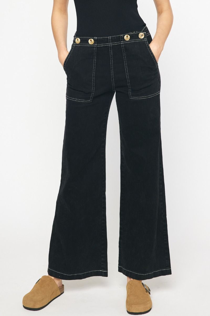 Entro Washed Black Mid Waist Wide Leg Jeans with White Stitching