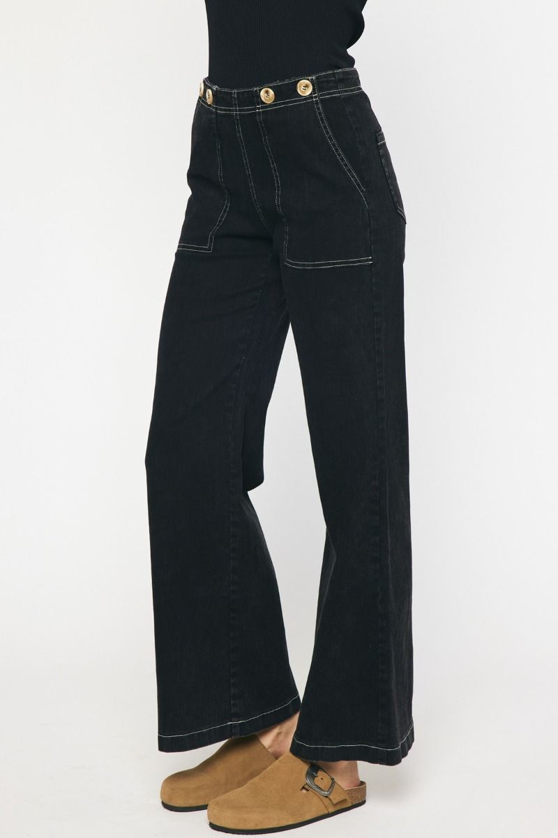 Entro Washed Black Mid Waist Wide Leg Jeans with White Stitching