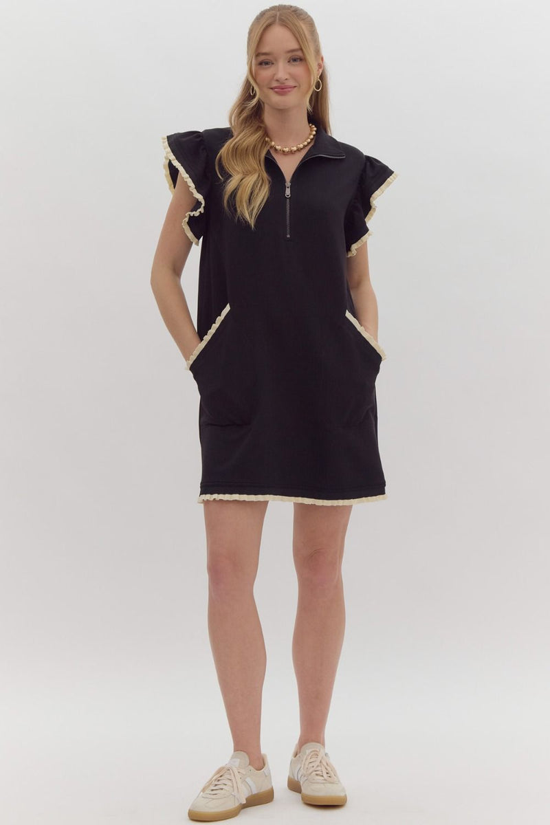 Entro Black Half Zip Ruffle Sleeve Mini Dress