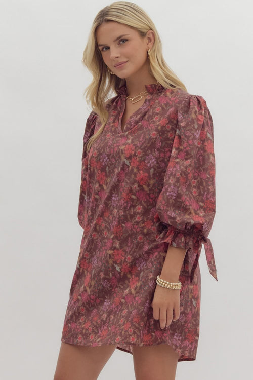 Entro Brown and Pink Floral Poplin Tie Cuff Dress