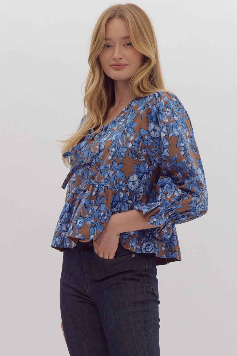 Entro Blue and Brown Floral Peplum Top with Bows