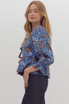 Entro Blue and Brown Floral Peplum Top with Bows