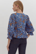 Entro Blue and Brown Floral Peplum Top with Bows