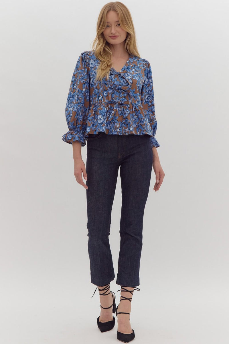 Entro Blue and Brown Floral Peplum Top with Bows