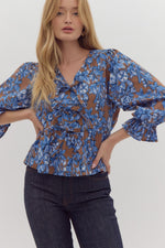 Entro Blue and Brown Floral Peplum Top with Bows