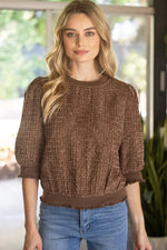 Voy Brown Half Sleeve Net Textured Elastic Band Top