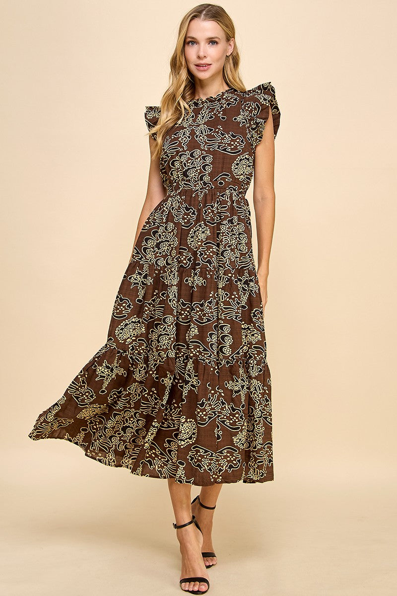 TCEC Brown Print Ruffle Sleeve Dress