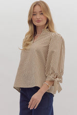 Entro Brown Stripe Vneck Top with Self Tie Cuff