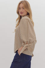 Entro Brown Stripe Vneck Top with Self Tie Cuff