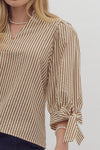 Entro Brown Stripe Vneck Top with Self Tie Cuff