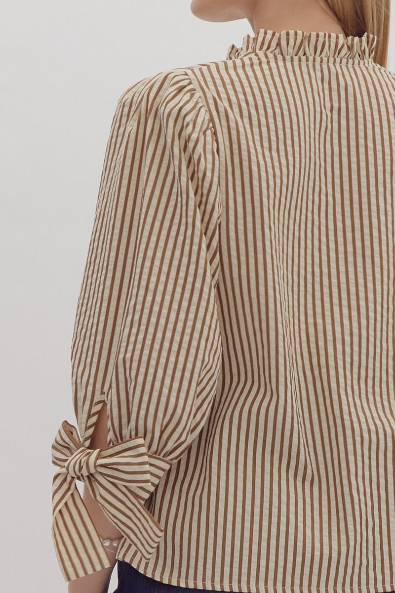 Entro Brown Stripe Vneck Top with Self Tie Cuff