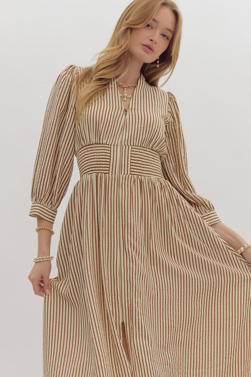 Entro Brown Striped Smocked Waist Dress