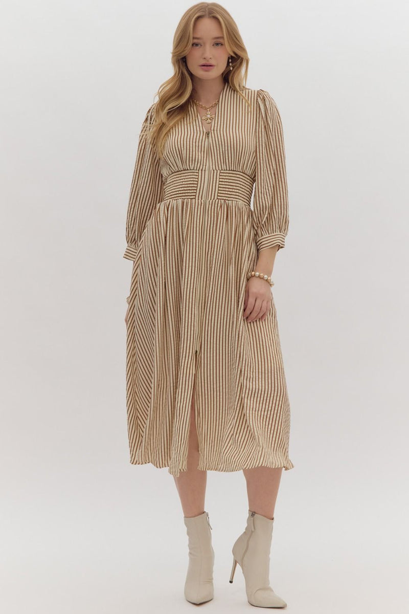 Entro Brown Striped Smocked Waist Dress