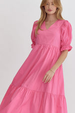 Entro Bubble Gum Pink Puff Sleeve Midi Dress