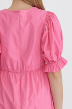 Entro Bubble Gum Pink Puff Sleeve Midi Dress