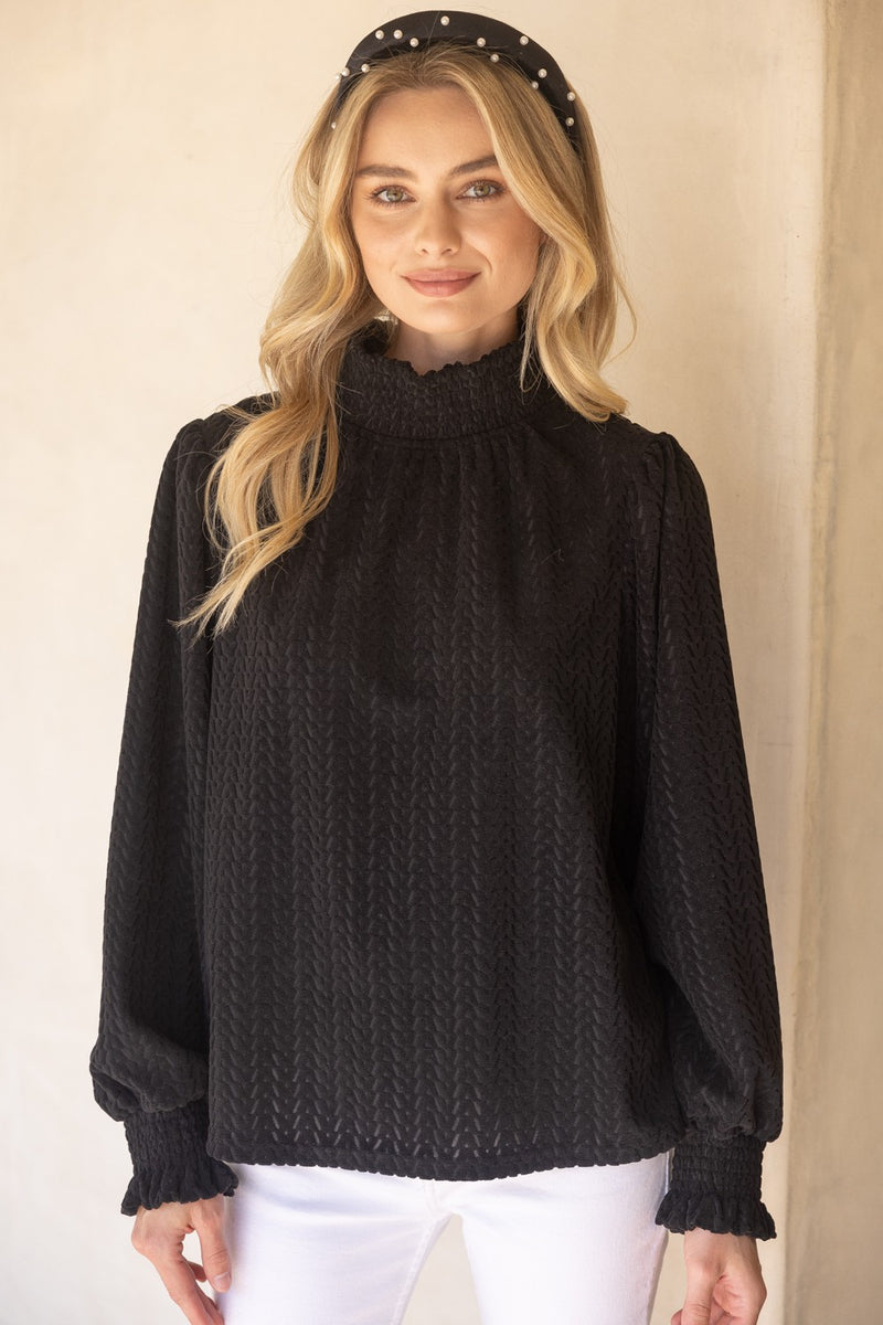 Voy Black Smocked High Neck Long Sleeve Knit Top