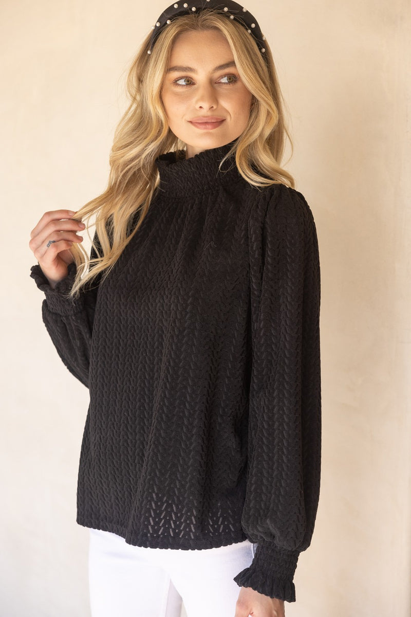 Voy Black Smocked High Neck Long Sleeve Knit Top