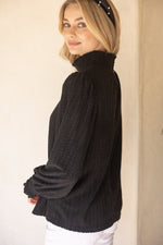 Voy Black Smocked High Neck Long Sleeve Knit Top