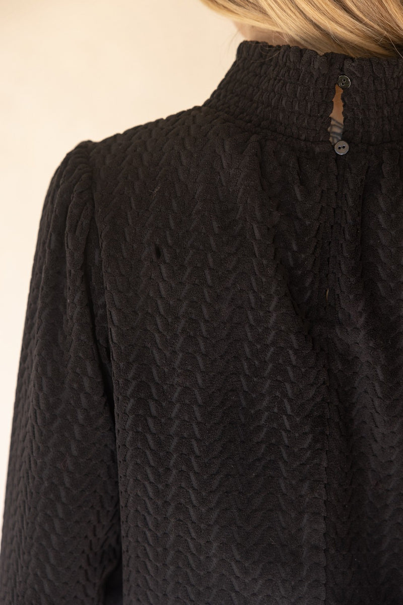 Voy Black Smocked High Neck Long Sleeve Knit Top