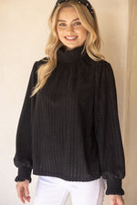 Voy Black Smocked High Neck Long Sleeve Knit Top