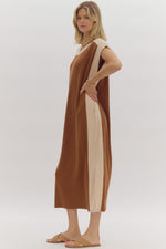 Entro Camel Ribbed Cap Sleeve Midi Dress