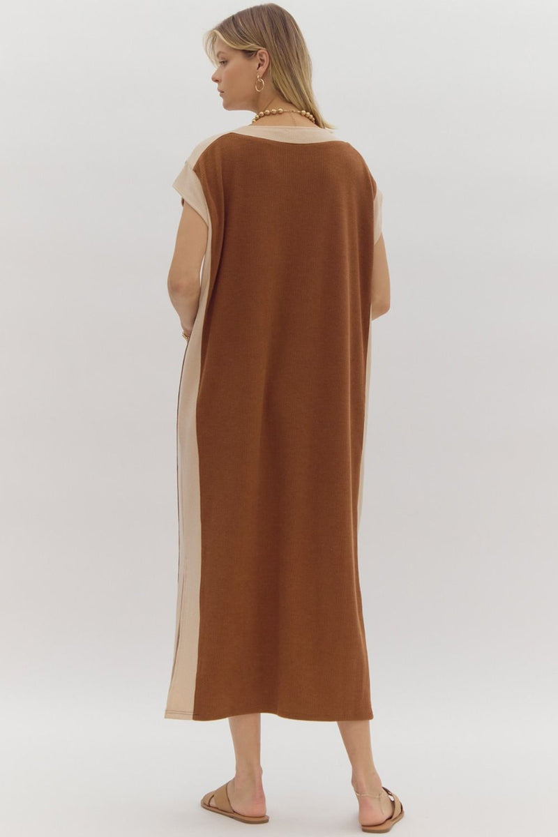 Entro Camel Ribbed Cap Sleeve Midi Dress