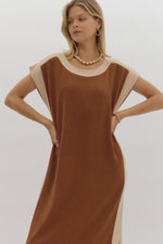 Entro Camel Ribbed Cap Sleeve Midi Dress