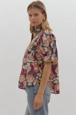 Entro Charcoal Floral Top with Scalloped Trim