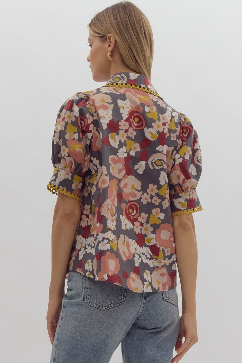 Entro Charcoal Floral Top with Scalloped Trim