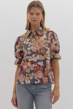 Entro Charcoal Floral Top with Scalloped Trim