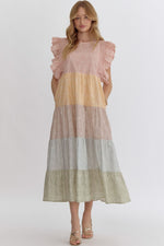 Entro Colorblock Leaf Print Tiered Maxi Dress