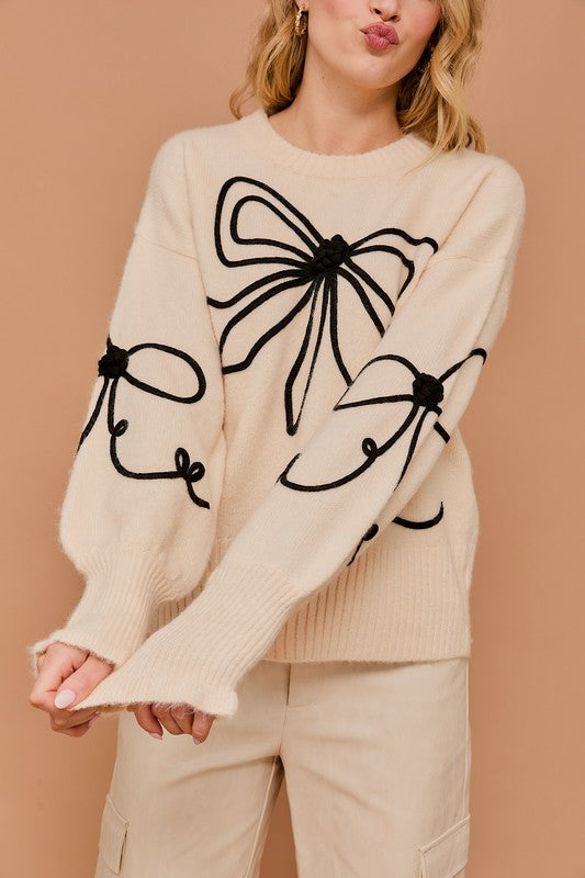 Gilli Cream Long Sleeve Crew Neck Ribbon Sweater