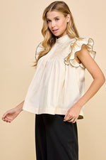 TCEC Cream Ruffle Sleeve Top with Blue Detailed Trim