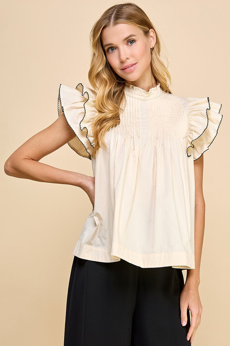 TCEC Cream Ruffle Sleeve Top with Blue Detailed Trim
