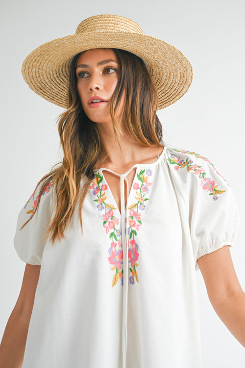 Mable White Linen Floral Embroidered Mini Dress
