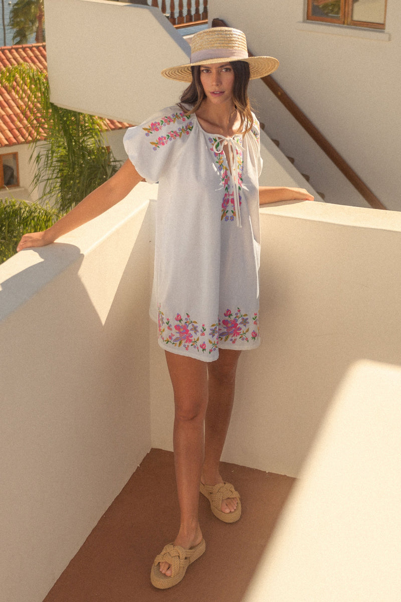 Mable White Linen Floral Embroidered Mini Dress