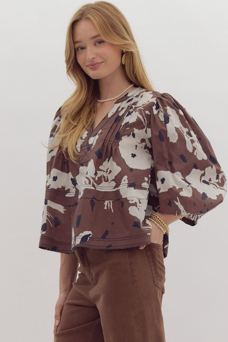 Entro Espresso Brown Floral Print Top with Pintuck Detail