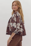 Entro Espresso Brown Floral Print Top with Pintuck Detail