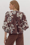 Entro Espresso Brown Floral Print Top with Pintuck Detail