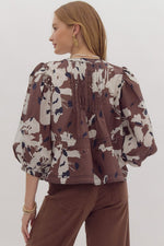 Entro Espresso Brown Floral Print Top with Pintuck Detail