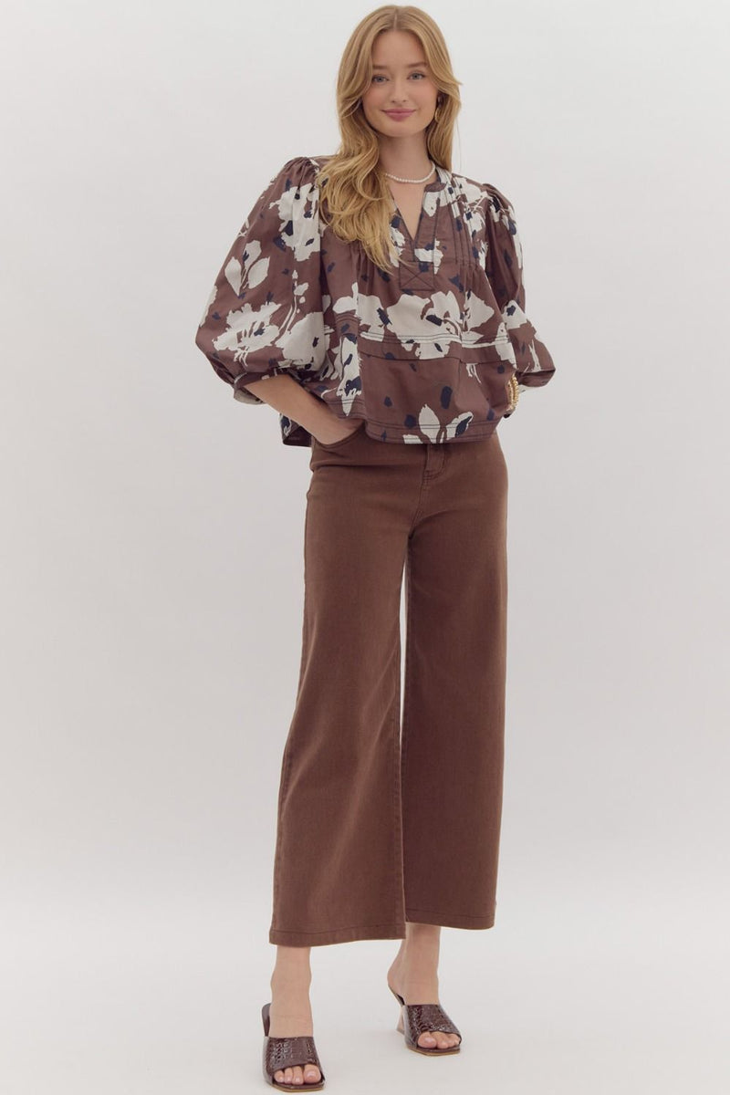 Entro Espresso Brown Floral Print Top with Pintuck Detail