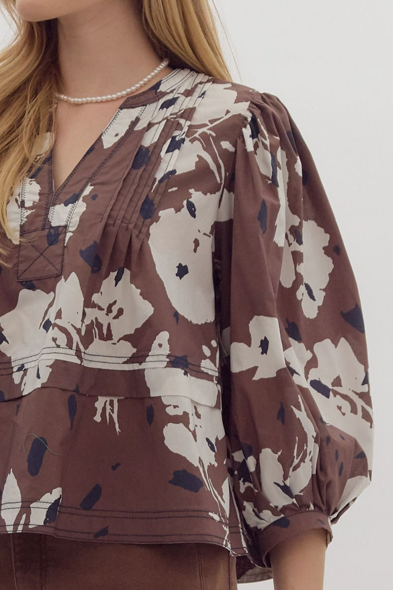 Entro Espresso Brown Floral Print Top with Pintuck Detail