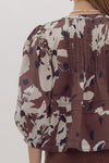 Entro Espresso Brown Floral Print Top with Pintuck Detail