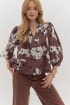 Entro Espresso Brown Floral Print Top with Pintuck Detail