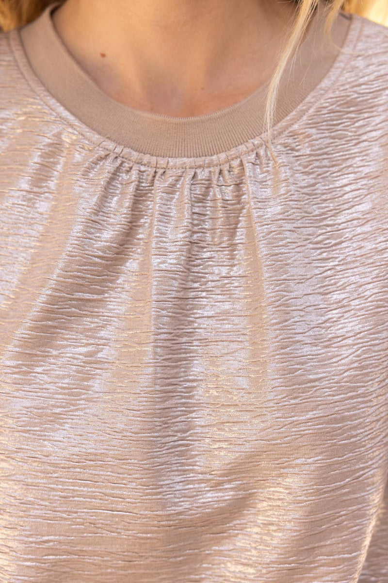 Voy Taupe Foil Puff Sleeve Ruffle Rib Band Top