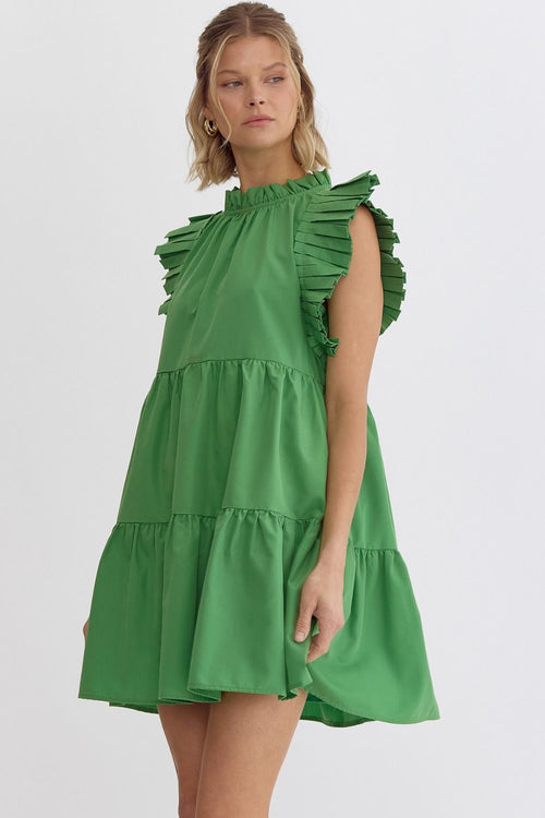 Entro Green Pleated Sleeve Dress