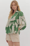 Entro Green Vneck Floral Top with Scalloped Edge