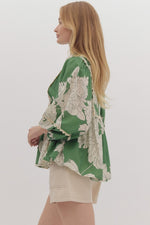 Entro Green Vneck Floral Top with Scalloped Edge