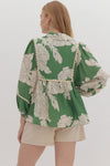 Entro Green Vneck Floral Top with Scalloped Edge